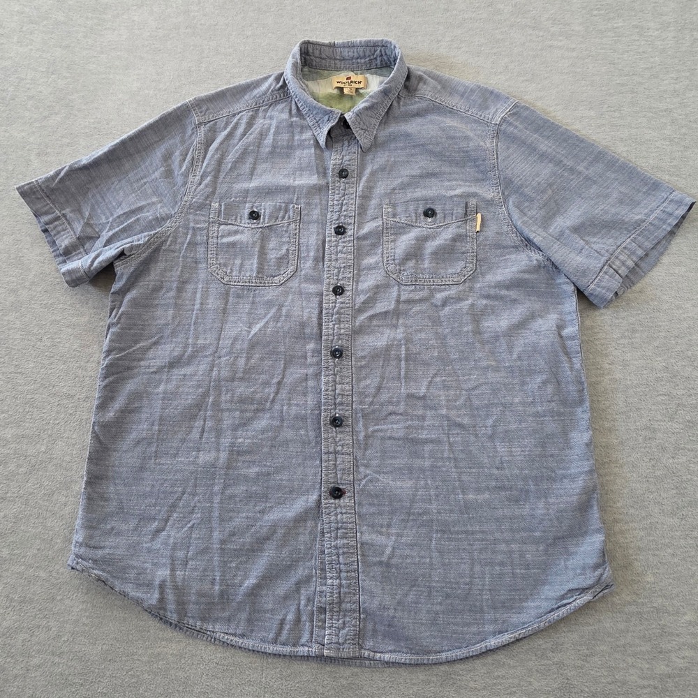Woolrich Mens Blue Cotton Chambray Short Sleeve Button Down Shirt Large L - Picture 2 of 8